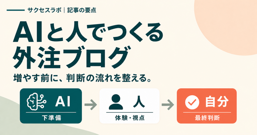 AI、人、自分の最終判断を組み合わせて外注ブログをつくる流れを示した図