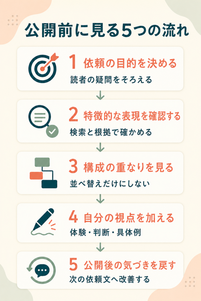 外注記事を依頼、確認、修正、公開、次回の依頼文へ改善する流れ