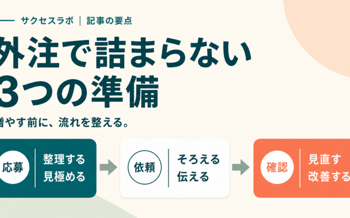ブログ記事の外注で詰まらないための、応募、依頼、確認の3つの準備を示した図