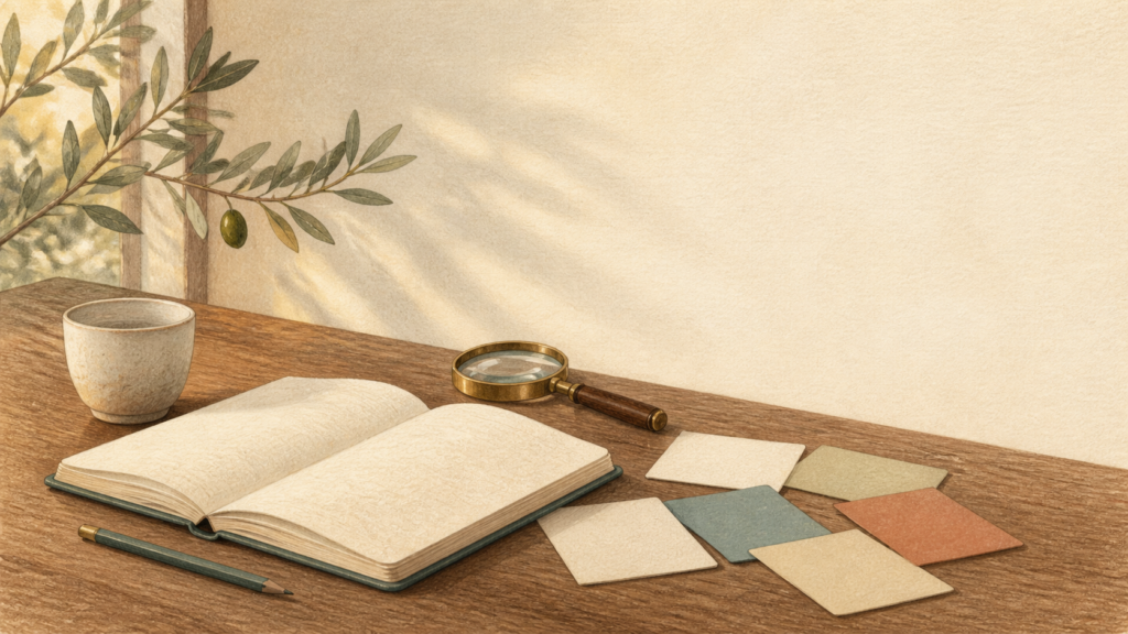 ノートと白紙のカード、虫眼鏡を机に置いた、ブログが最初の読者に出会う入口のイメージ
